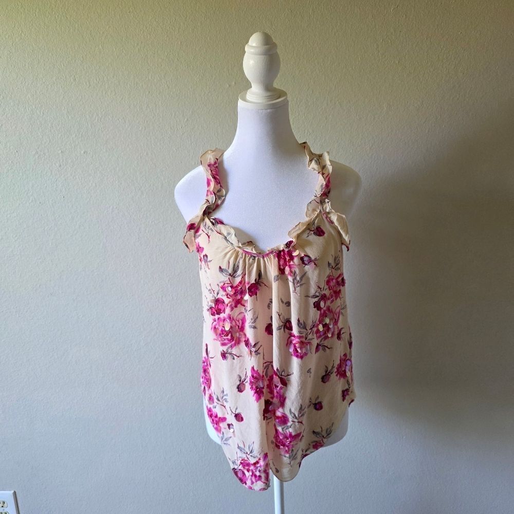 Rebecca Taylor 100% Silk Rose Garden Pink Sequin Beaded Ruffle Blouse Size 2 - Picture 2 of 9